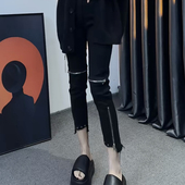 九分直筒烟管裤 弹力百搭修身 女拉链铆钉毛边铅笔裤 欧货黑色牛仔裤