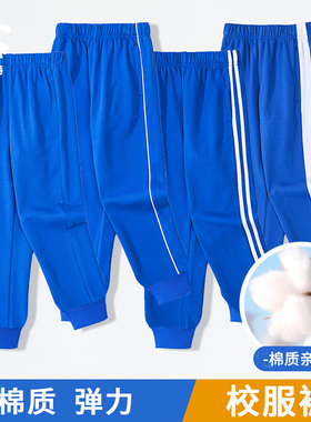 儿童运动裤校裤男女中小学生宝蓝色一道二两三条粗杠针织棉束脚棉