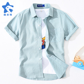 新款 儿童装 中大童男童格子衬衣女童休闲上衣夏装 休闲纯棉衬衫 短袖