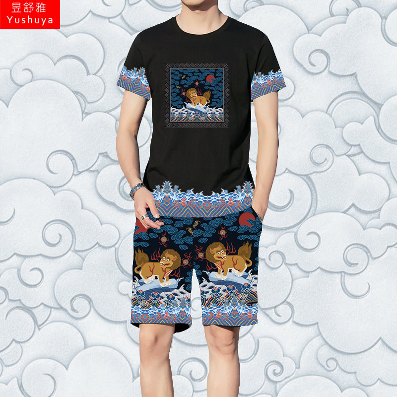 明朝清代官服锦衣卫龙袍龙纹中国风速干短袖t恤衫短裤子男士套装