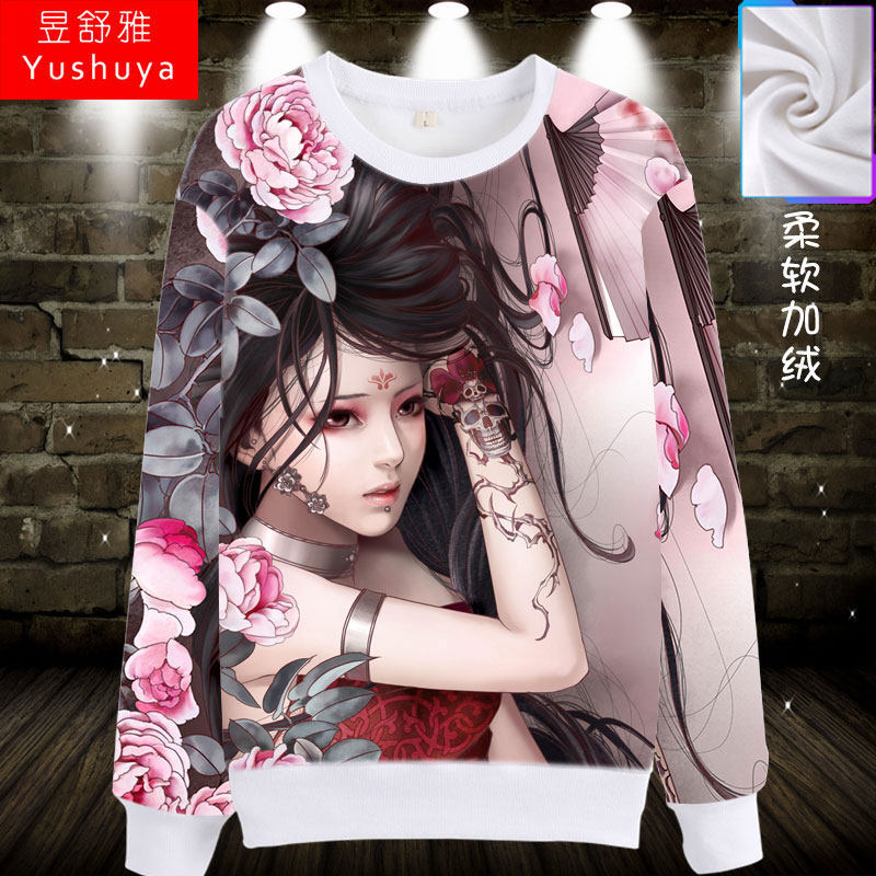 中国风古风美女文身圆领卫衣服男女全幅柔软保暖长袖纹身上衣加绒