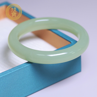 珪宝57mm和田玉绿晴宽条手镯女款 玉镯子天然玉石带证书送女友1398