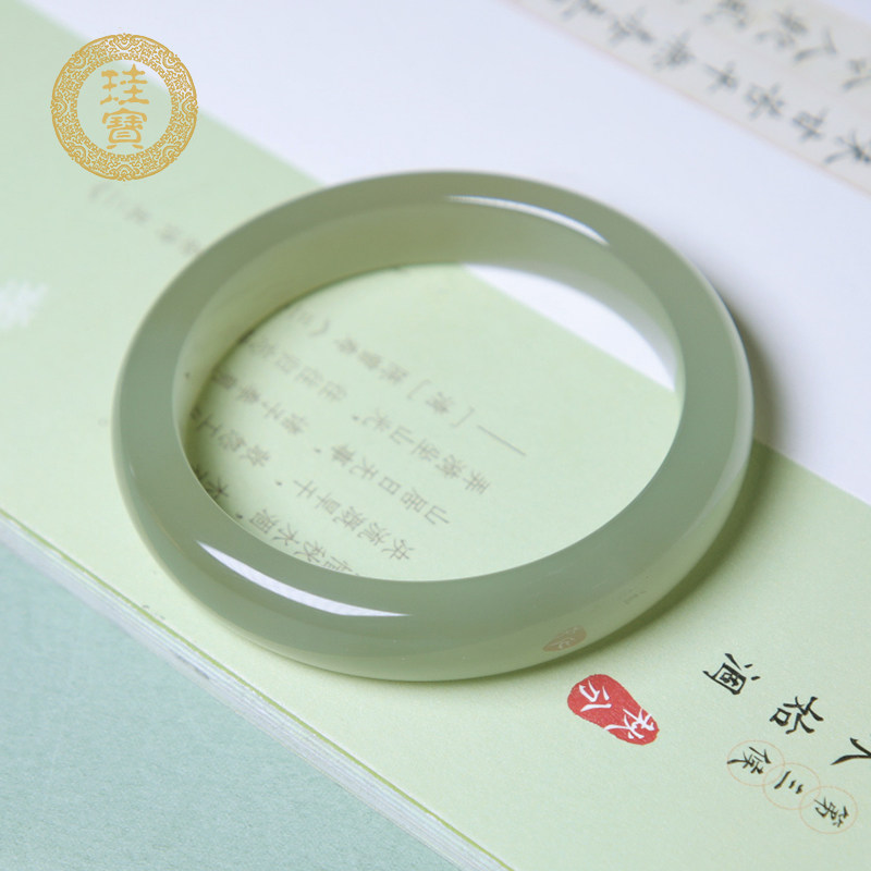 珪宝和田玉青白玉宽条手镯女款湖水绿玉镯子内径54mm天然1014