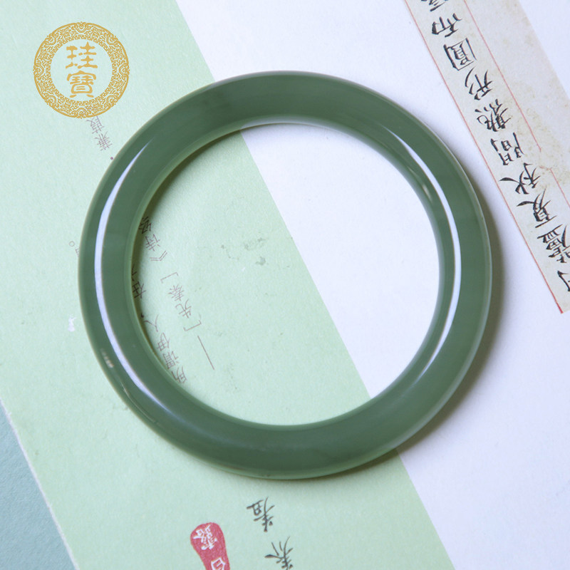 珪宝和田玉湖水绿圆条手镯青玉天然玉石玉镯子内径57mm带证书0557