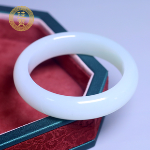 珪宝54.4mm和田玉羊脂玉宽条手镯女款温润玉镯子宽约14.3mm带证书