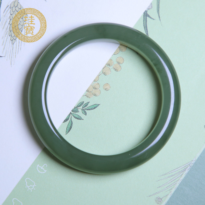 珪宝和田玉湖水绿宽条手镯女款天然玉石玉镯子送妈妈圈口55mm1153