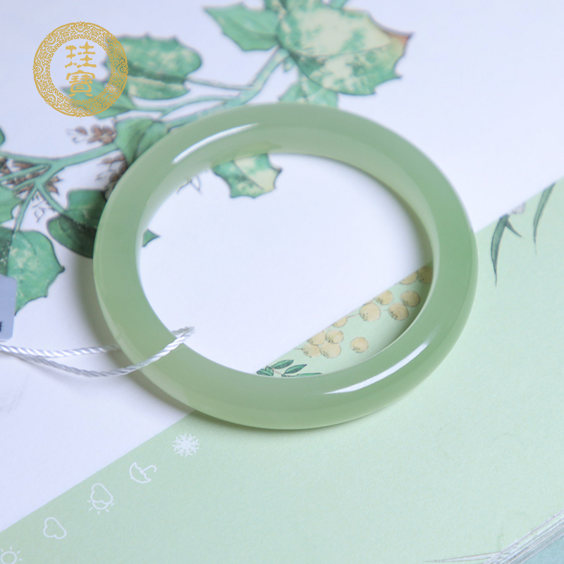 珪宝和田玉高冰翠青色手镯女款宽条玉镯子天然玉石圈口56.9mm0970