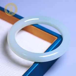 珪宝60mm和田玉青白玉宽条手镯女款天然玉石玉镯子带证书礼物2260