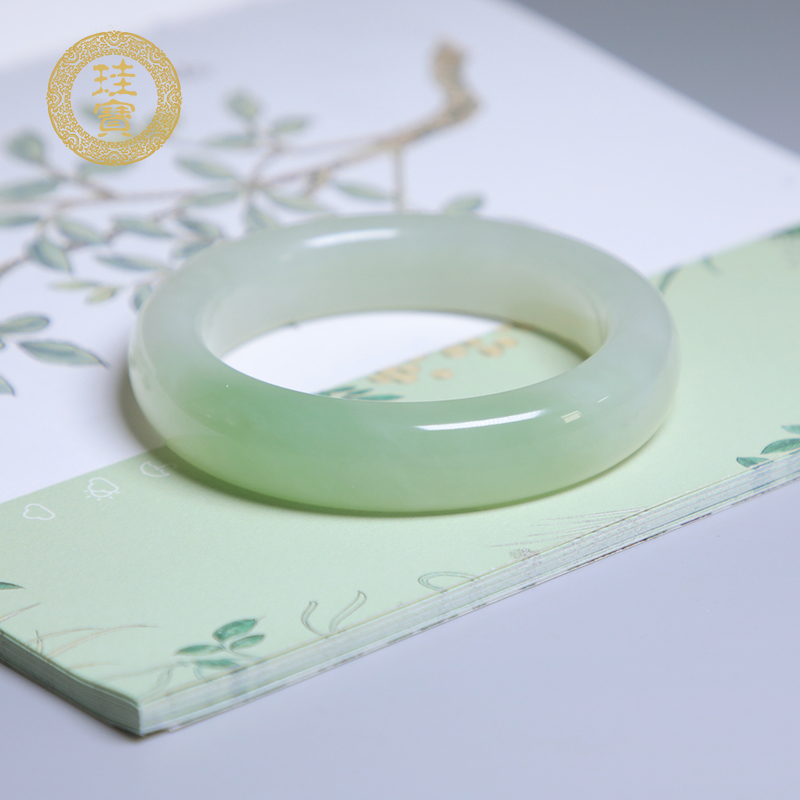 珪宝和田玉翠青宽条手镯58mm女士