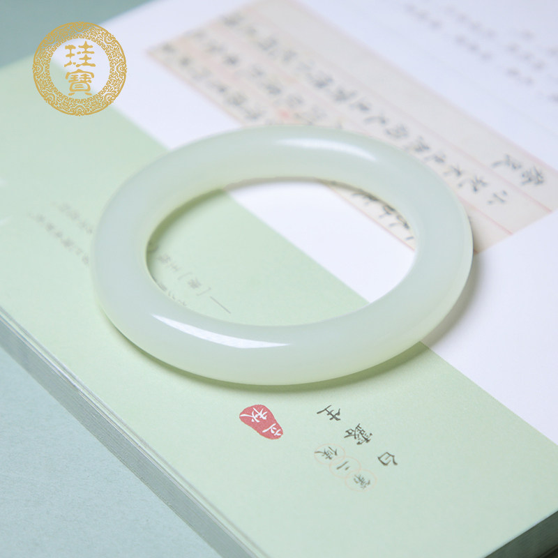 珪宝和田玉白冰晴胖圆条手镯女款天然玉石玉镯子圈口56mm1356