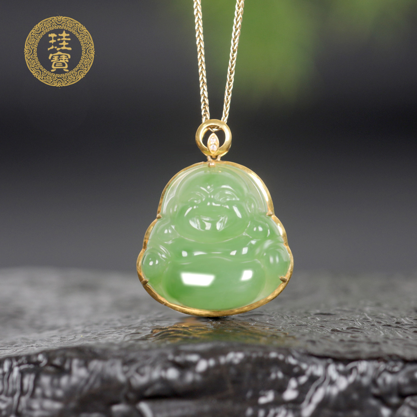 珪宝和田玉碧玉苹果绿18K金镶笑佛吊坠女士弥勒佛玉项链天然玉石