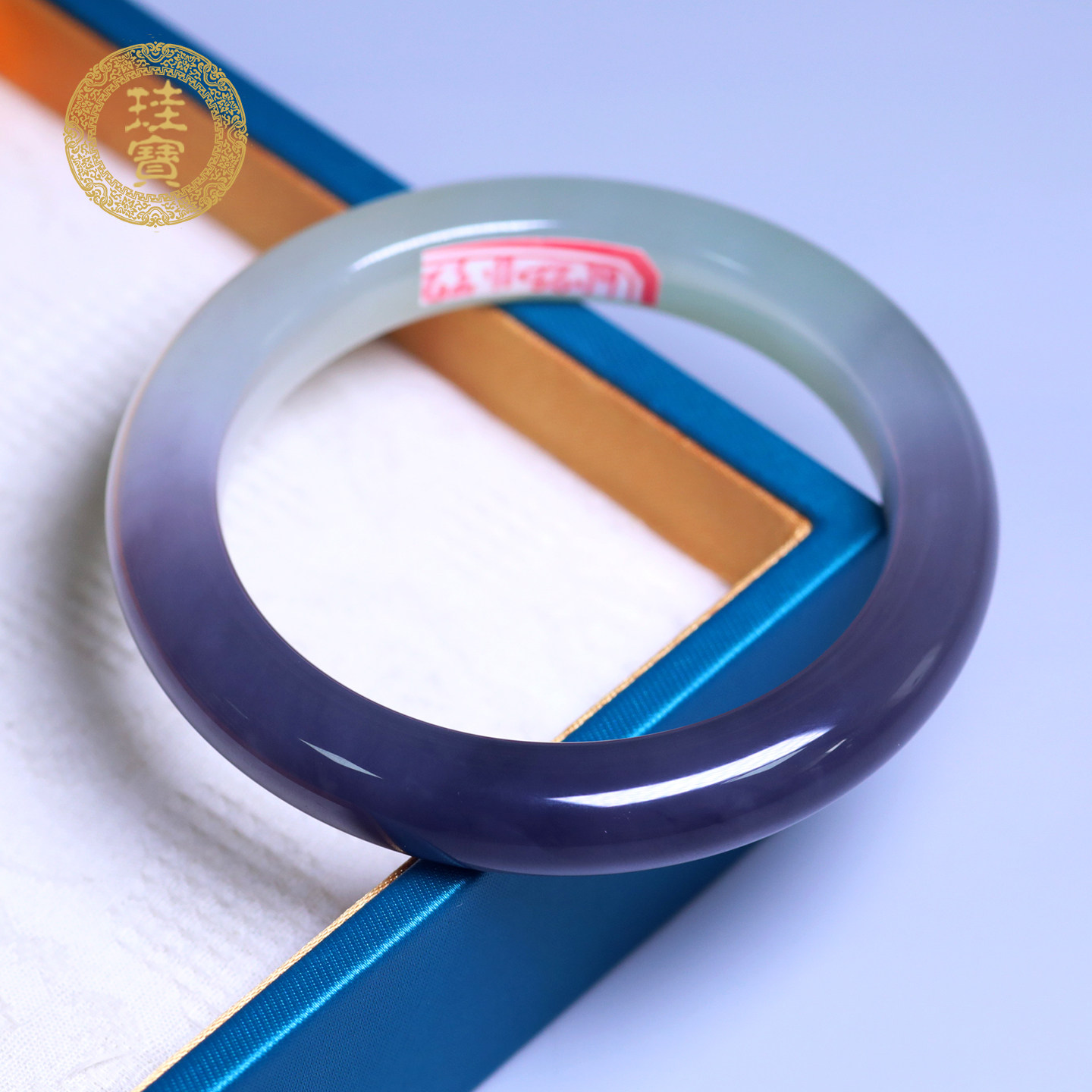 珪宝61.8mm和田玉冰烟紫宽条手镯女款半山半水玉镯子天然玉石1132