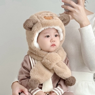 宝宝帽子儿童围脖一体2025新款秋冬季婴儿毛绒男女童保暖护耳围巾