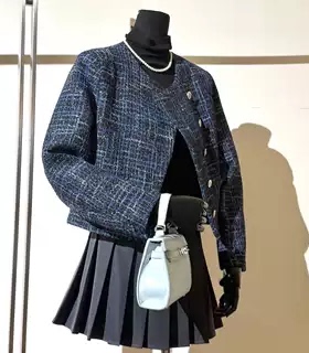 【专柜皮草大上新】香榭之韵蓝白交织复古贵气女小香风羊毛外套