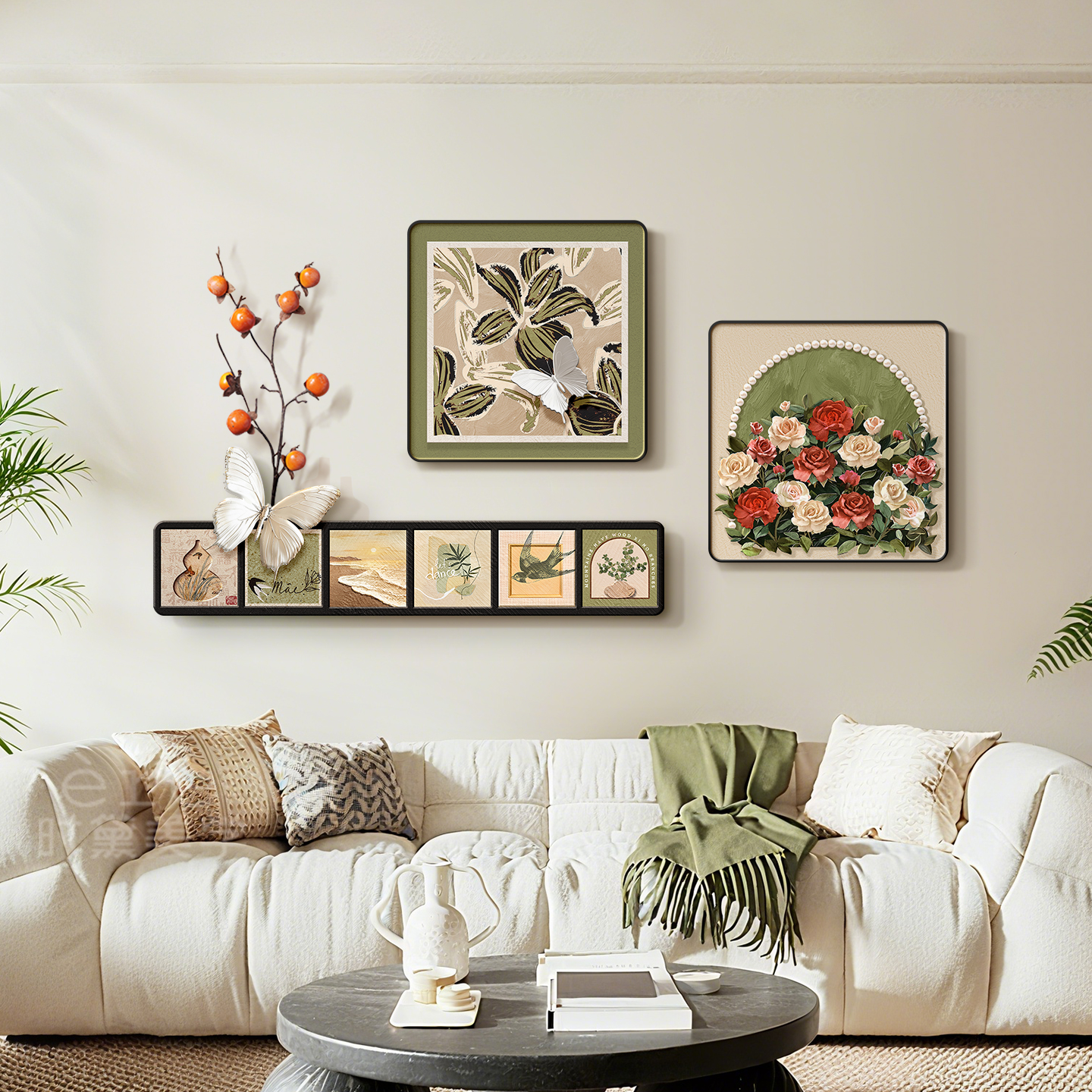 法式覆古玫瑰花客厅装饰画 画饭厅组合壁画 画中古风蝴蝶沙发背景