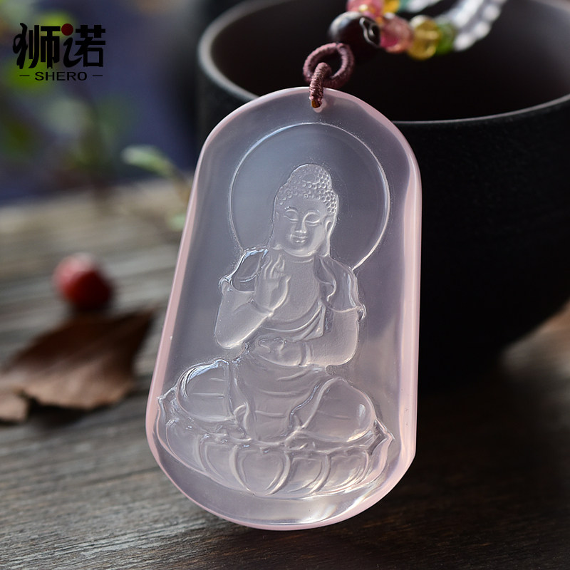 天然冰粉晶手工雕刻佛吊坠女男士粉水晶牌佛像项链挂件饰品毛衣链