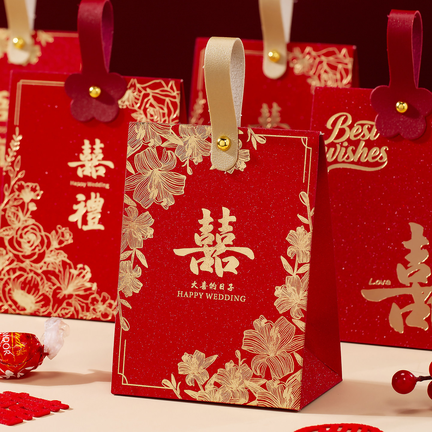 结婚喜糖盒2025新款喜糖袋装糖果礼盒空盒磨砂红订婚婚礼喜糖盒子