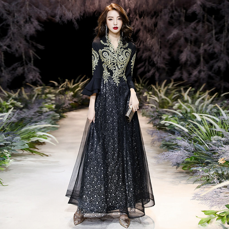 黑色晚礼服裙女新款2022爆款长袖名媛宴会气质长款高端年会主持人