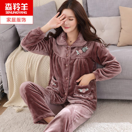 睡衣女士冬季法兰绒保暖加绒加厚珊瑚绒秋冬加大码中老年妈妈套装