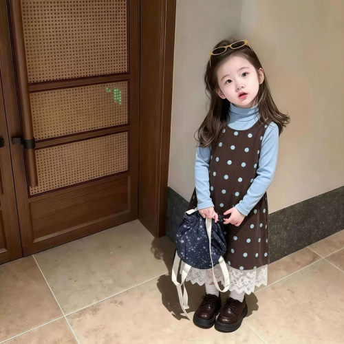 【外套100聚酯纤维 内搭92棉8氨纶】女童秋套装新款波点蕾丝裙内