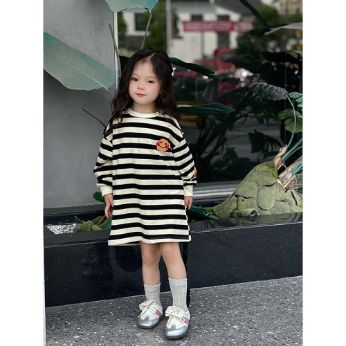【纯棉华棉复合】女童连衣裙笑脸中长款卫衣裙条纹连衣裙