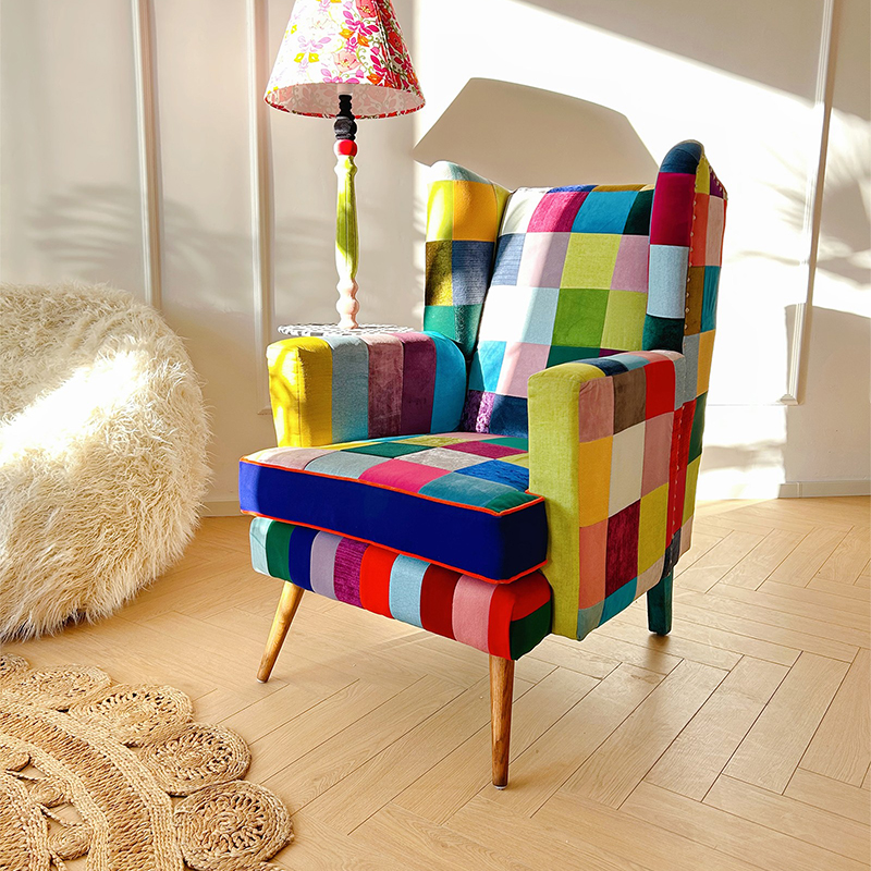 GAIA盖雅定制设计师款欧式布艺老虎椅实木腿美式撞色复古单人沙发