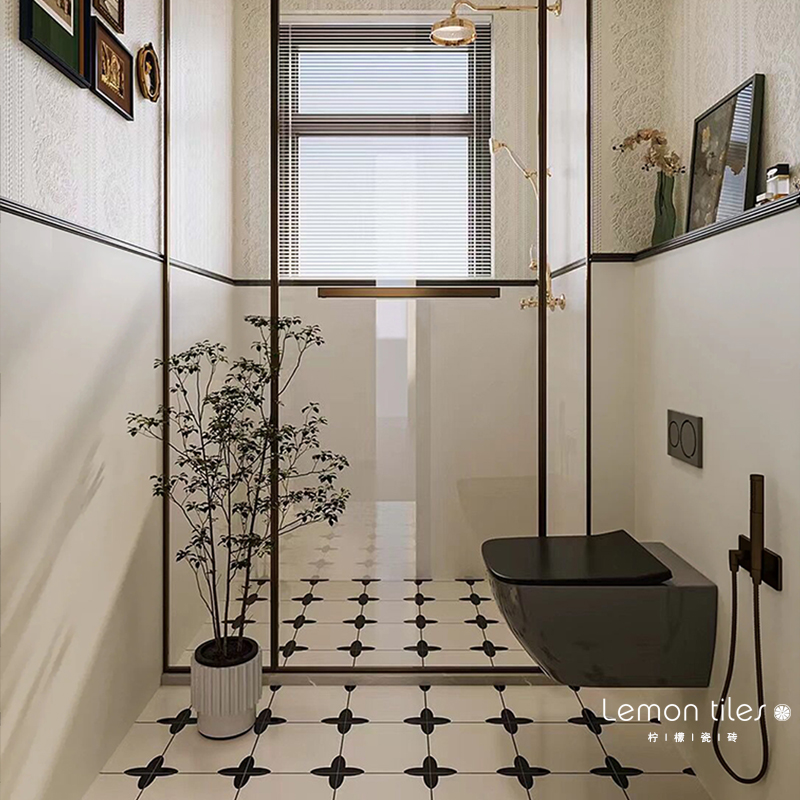 法式卫生间瓷砖奶白小花砖海基布