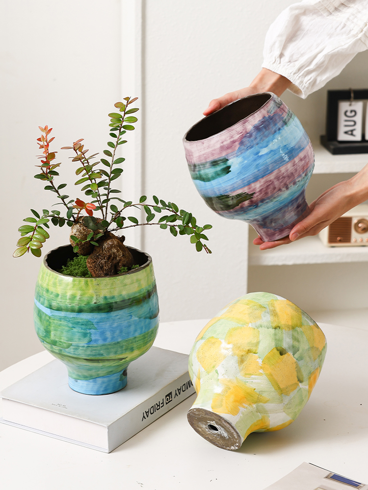 景德镇陶瓷花盆家居手绘高花盆覆古客厅高端小清新绿色盆栽植物