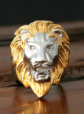 金银色狮子头钛钢朋克风男士戒指