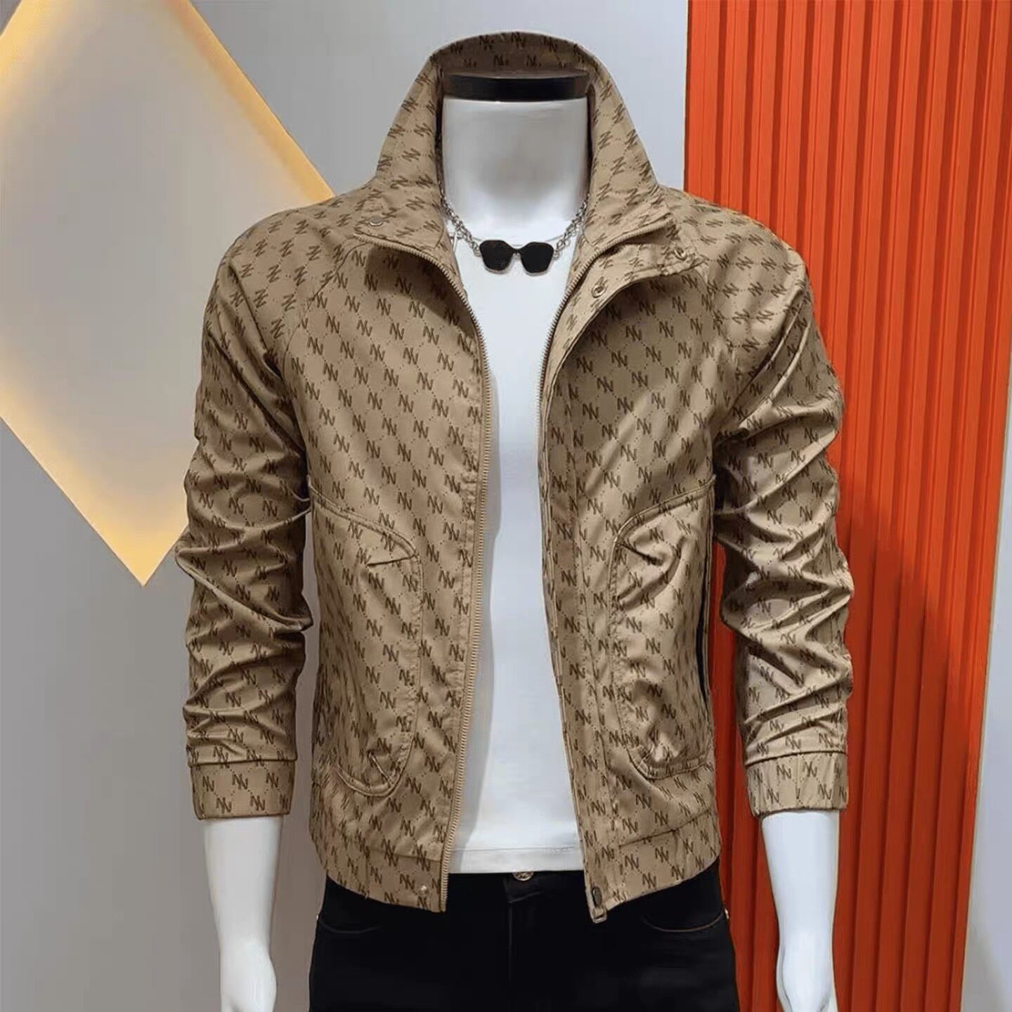 男士立领痞帅轻奢夹克外套春季修身印花拉链韩版帅气潮流百搭上衣