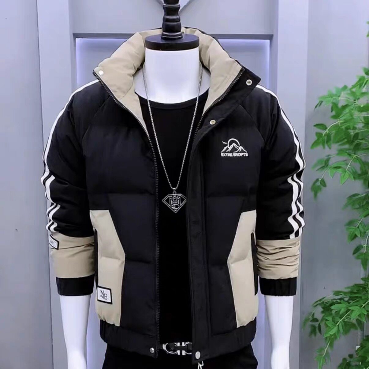 韩版男士修身棉服冬季加厚保暖拼色潮牌棉衣时尚百搭帅气气质棉袄
