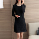 新款 保暖打底衫 长袖 t恤裙中长款 蕾丝衫 加绒加厚蕾丝连衣裙秋冬季