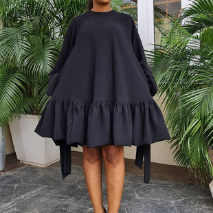 Dress Fashion Hem Elegant Ruffles Woman Color Autumn Solid