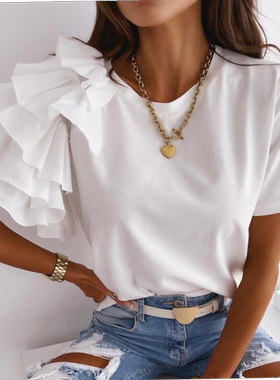 Sleeve Asymmetric Loose T-shirt Top for Summer Women Blouses