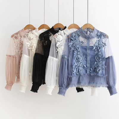 n Lantern Sleeve Shirt Floral Elegant Tunic Tops Mesh blusas