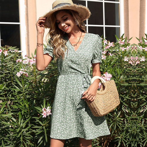 Puff Sleeve Printed Cross-Neck Dress泡泡袖印花交叉领连衣裙女