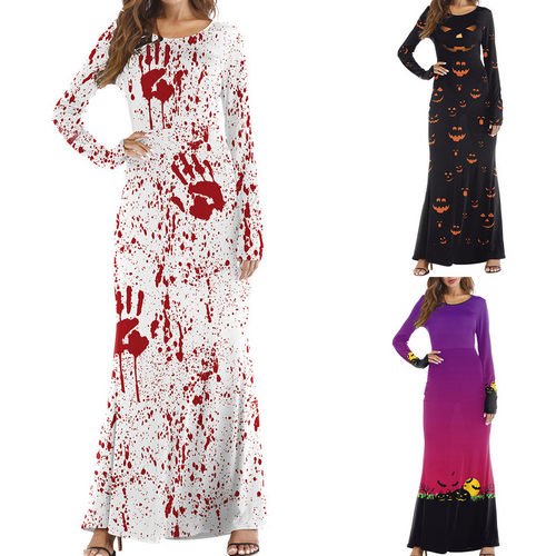 long Sleeve Round Neck Print Casual Party Dress 印花连衣裙女