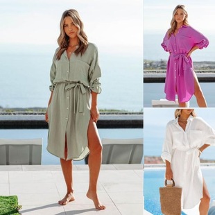 Solid color slit shirt long skirt woman 纯色开叉长袖衬衣长裙