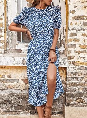 casual skirt split floral blue dress休闲裙开叉碎花蓝色连衣裙