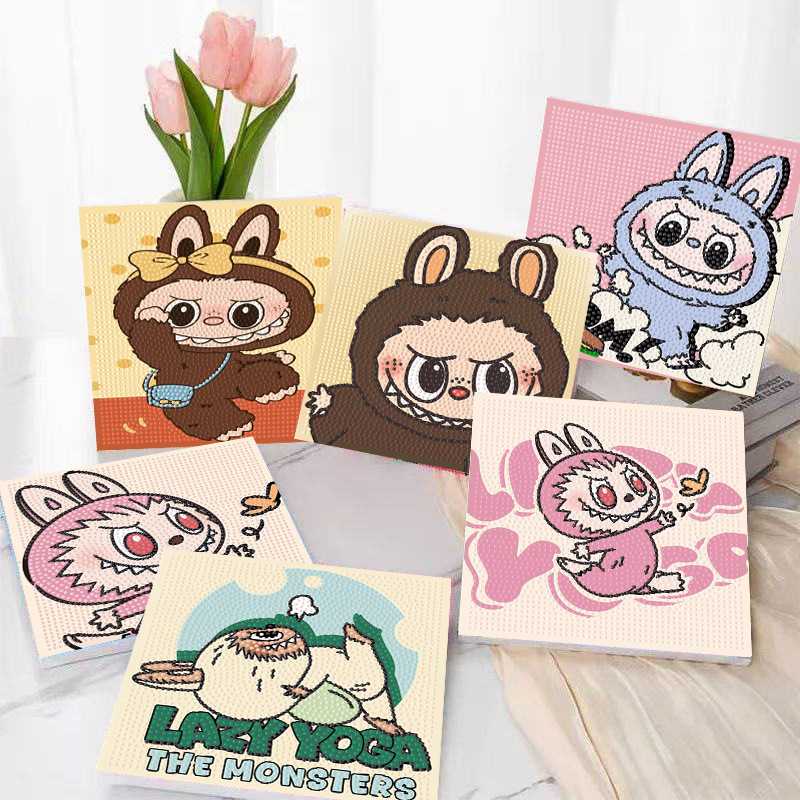 Labubu新款钻石画卡通diy儿童手工玩具拉布布带框粘贴砖十字绣