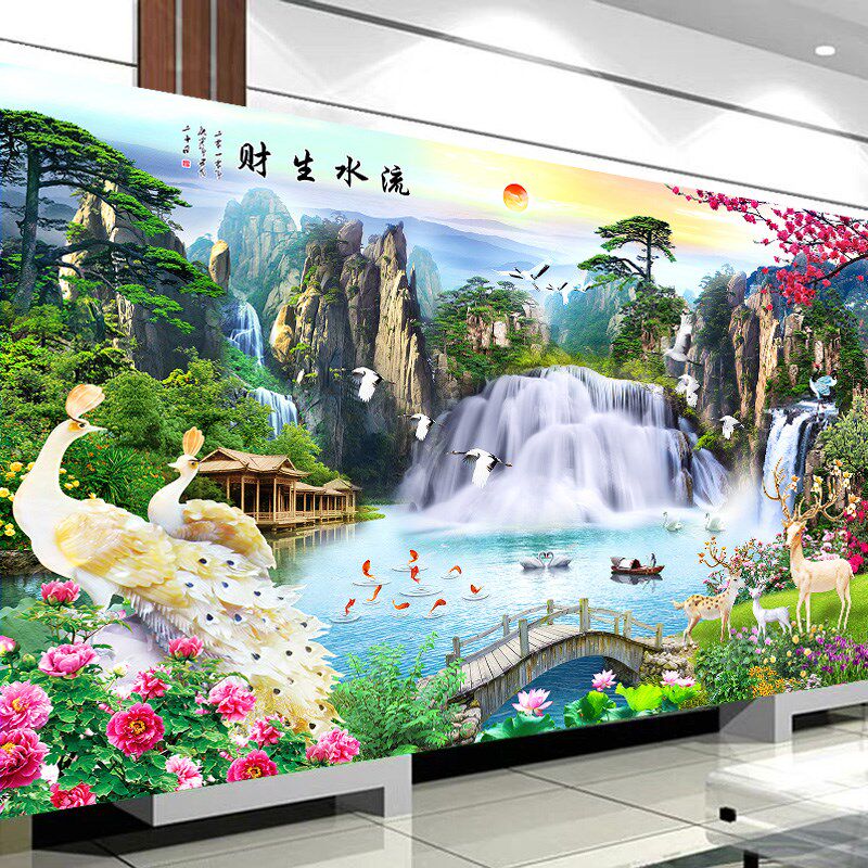 山水风景钻石画满钻新款客厅大幅流水生财砖石秀点贴钻十字绣2021年