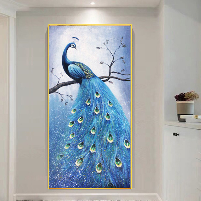 5d钻石画2025年新款客厅孔雀点贴钻十字绣竖版玄关简约钻石绣水晶