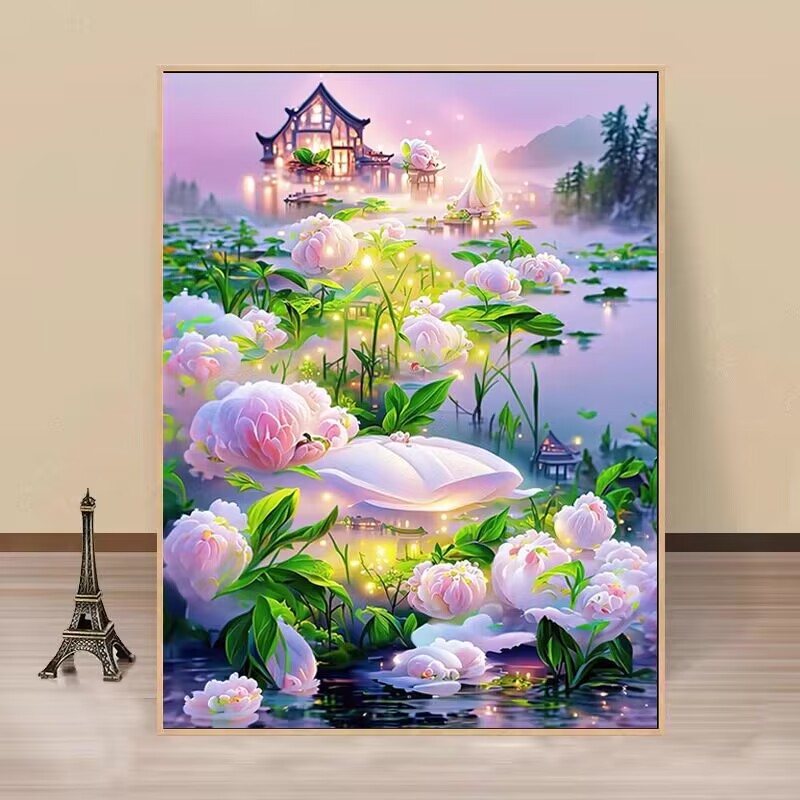 牡丹花钻石画2026新款满钻客厅卧室点贴砖十字绣花卉风景钻石贴画