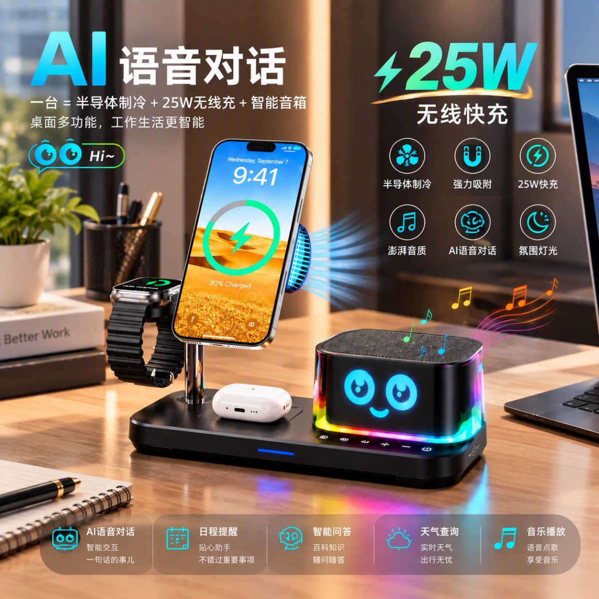 AI智能语音聊天磁吸三合一无线充电器蓝牙音响快充底座适用苹果iPhone18手机手表耳机支架桌面充电站生日礼物
