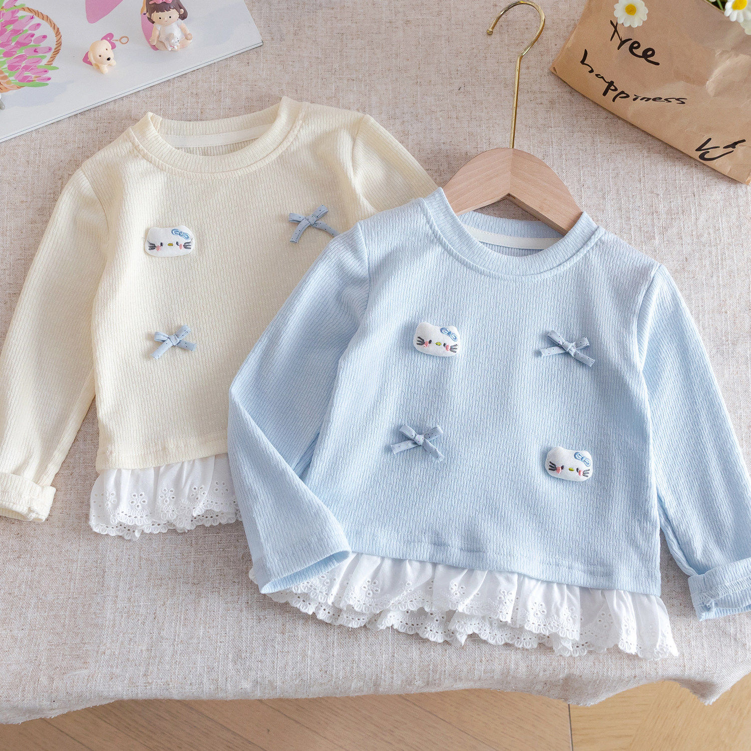 女童春装甜美饰打底衫2026春季新款洋气立体猫咪装蕾丝花边T恤衫3