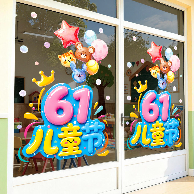 61六一儿童节快乐装饰品氛围布置贴画小学幼儿园教室玻璃贴纸电贴