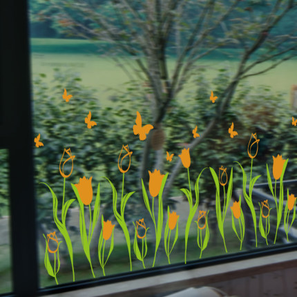 郁金香花草浪漫温馨装饰墙贴纸店面店铺橱窗玻璃贴花踢脚线墙角线