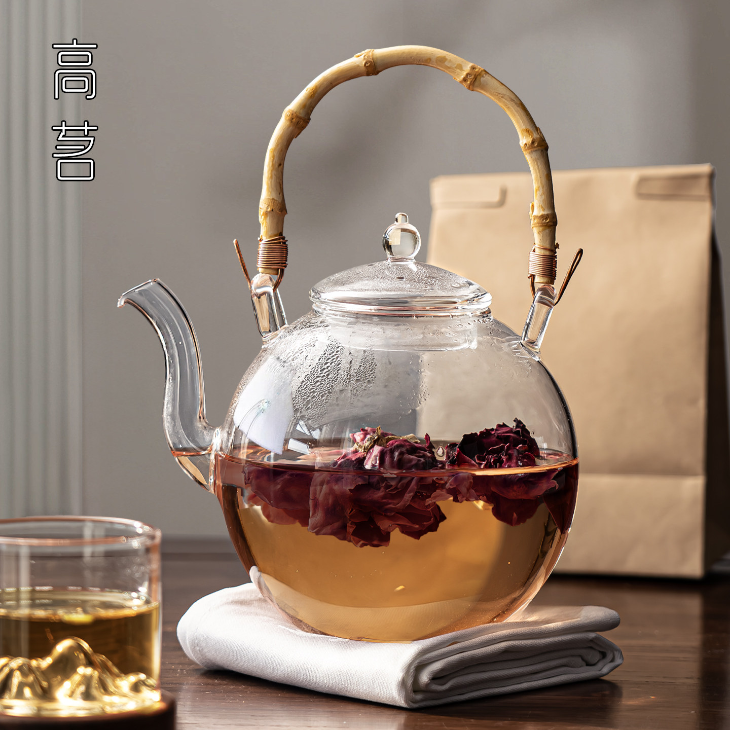 高茗竹节提梁壶高硼硅玻璃茶壶耐热玻璃壶明火电陶炉900mL烧水壶