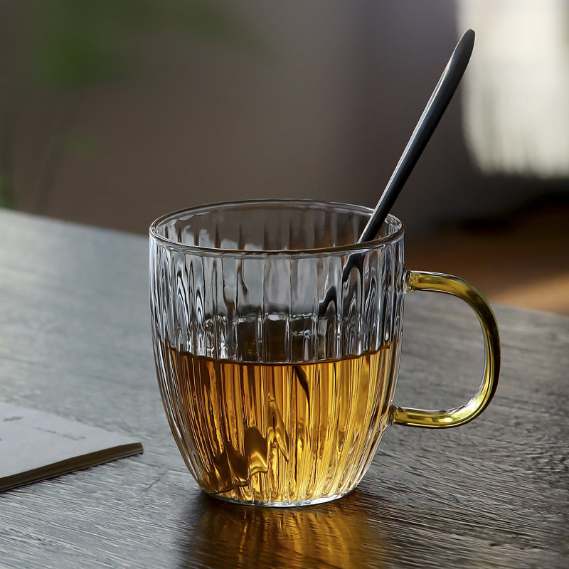 玻璃水杯带把手家用玻璃杯ins风北欧简约欧式竖纹茶杯喝水的杯子
