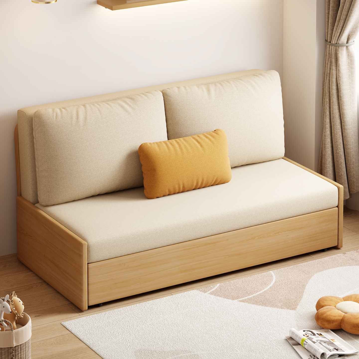 现代简约可推拉实木储物沙发床